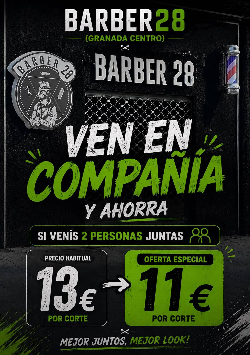 Poster for the Barber28 Granada Centro offer, in Spanish: come in as a pair and each haircut drops from €13 to €11